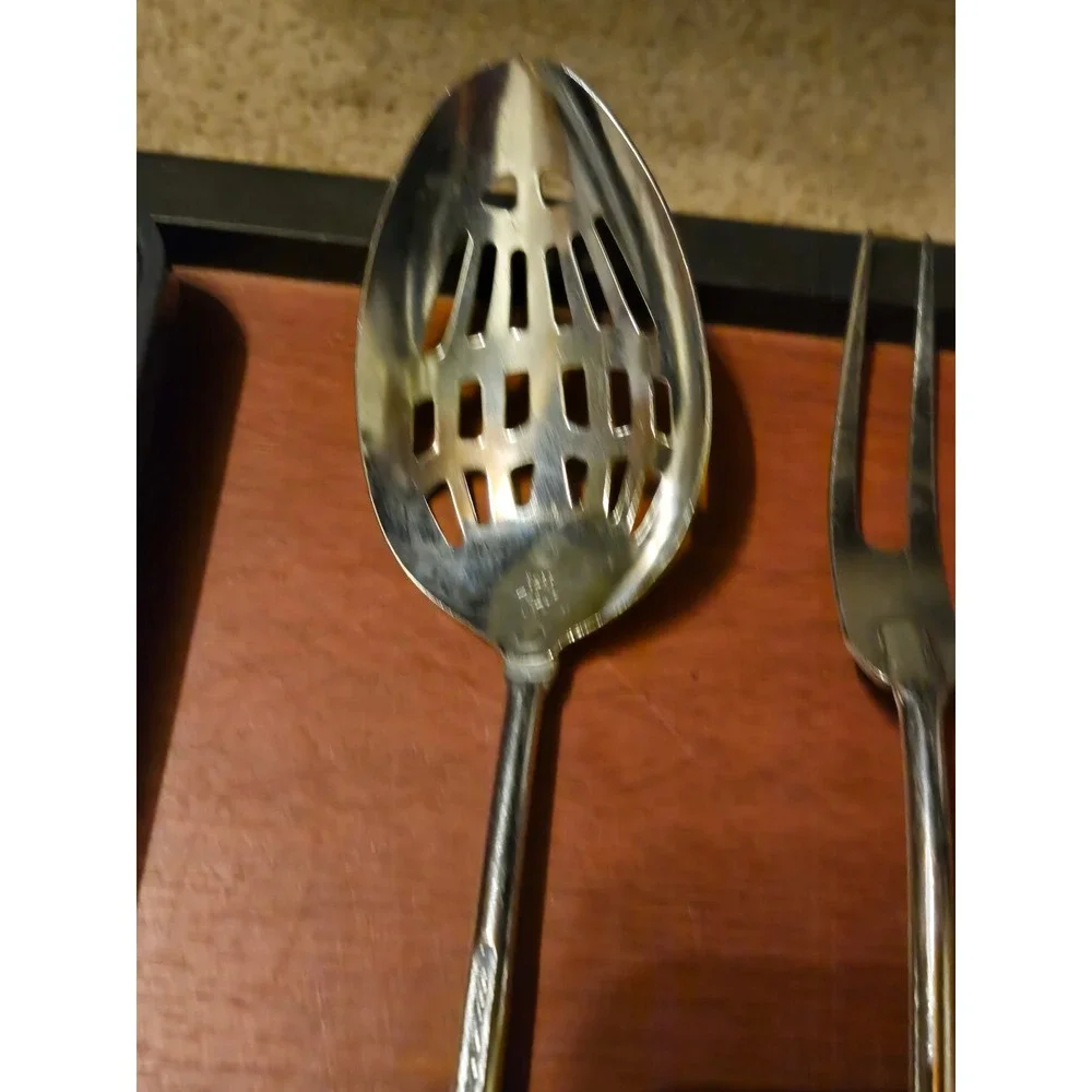 Vintage Chrome Kitchen Utensil Set 3pc Slotted Spoon Spatula Fork Wood Handle